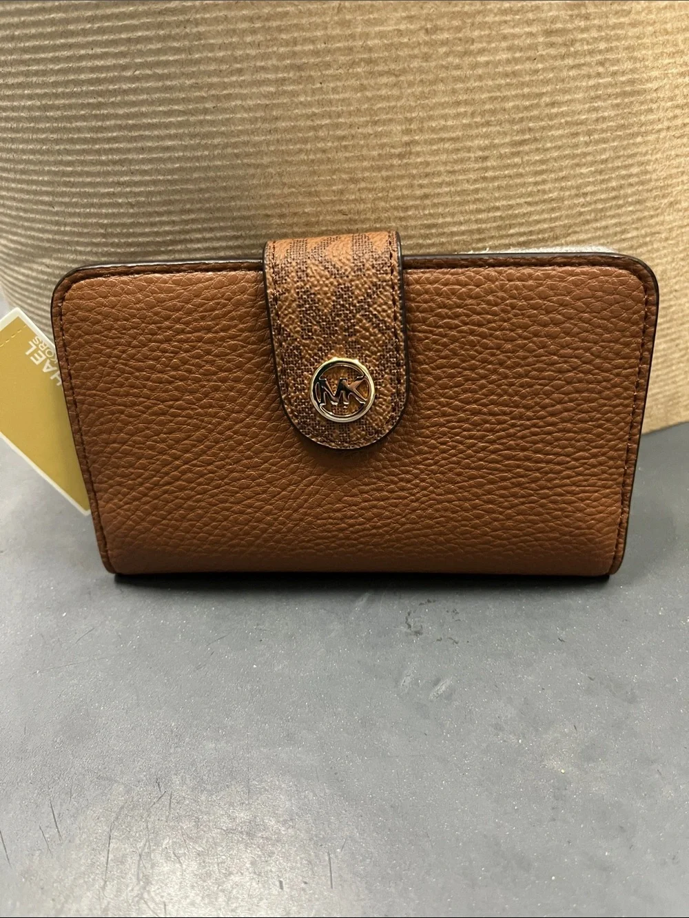 NWT Michael Kors Caramel Brown Pebbled Bifold Leather Wallet with Gold MK Accent